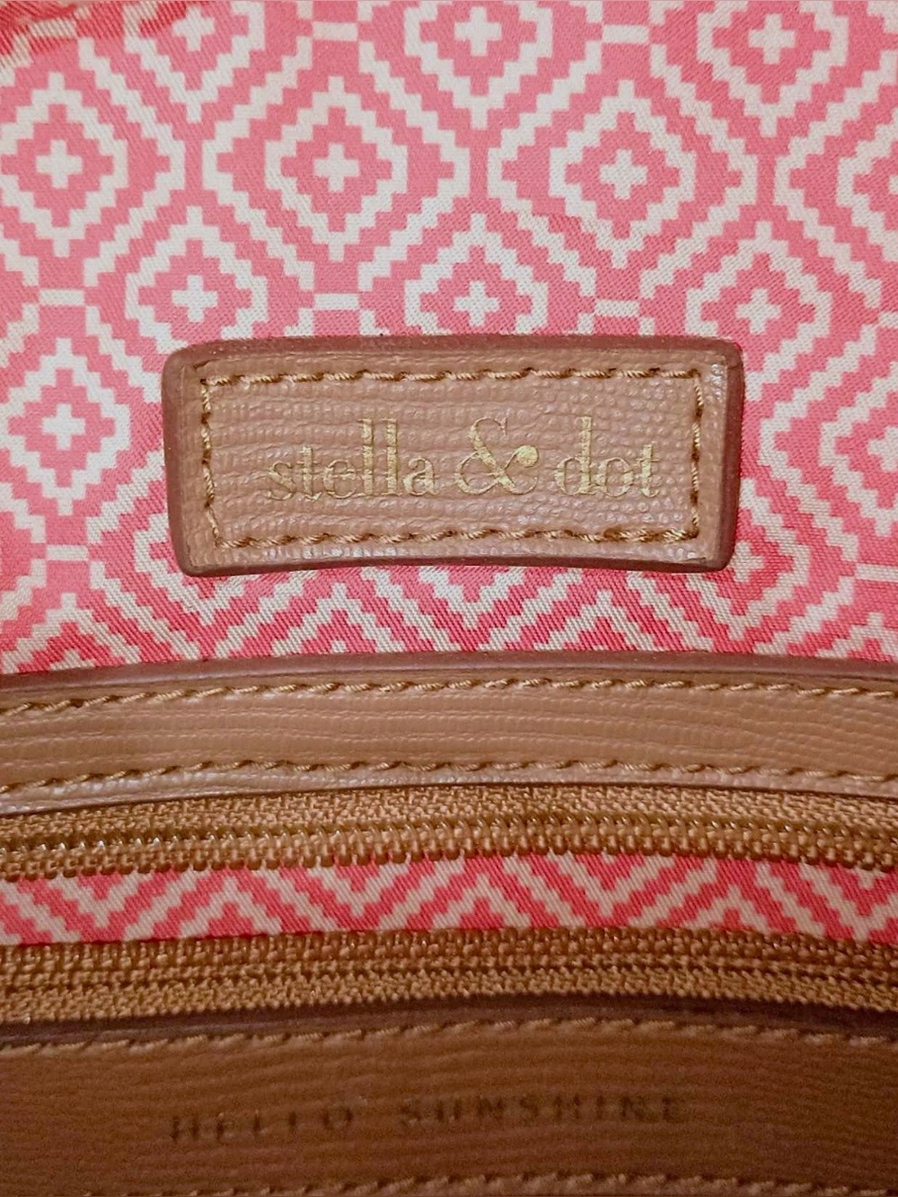 Stella & Dot Red & Navy Patterned Tote Bag with Tan Faux Leather Handles - Picture 3 of 6